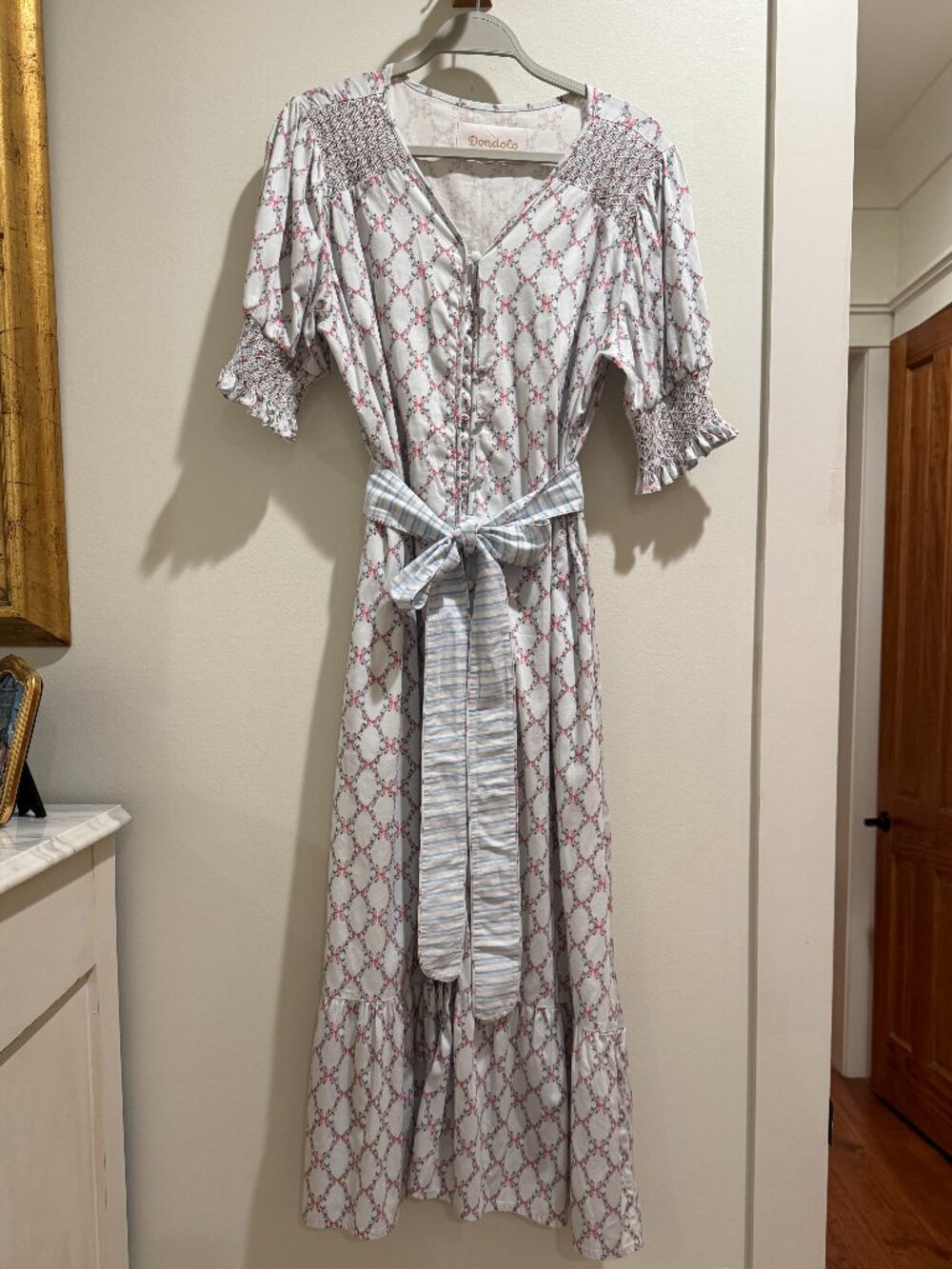 Donatella White & Pink Printed Maxi Dress with Tie Waist